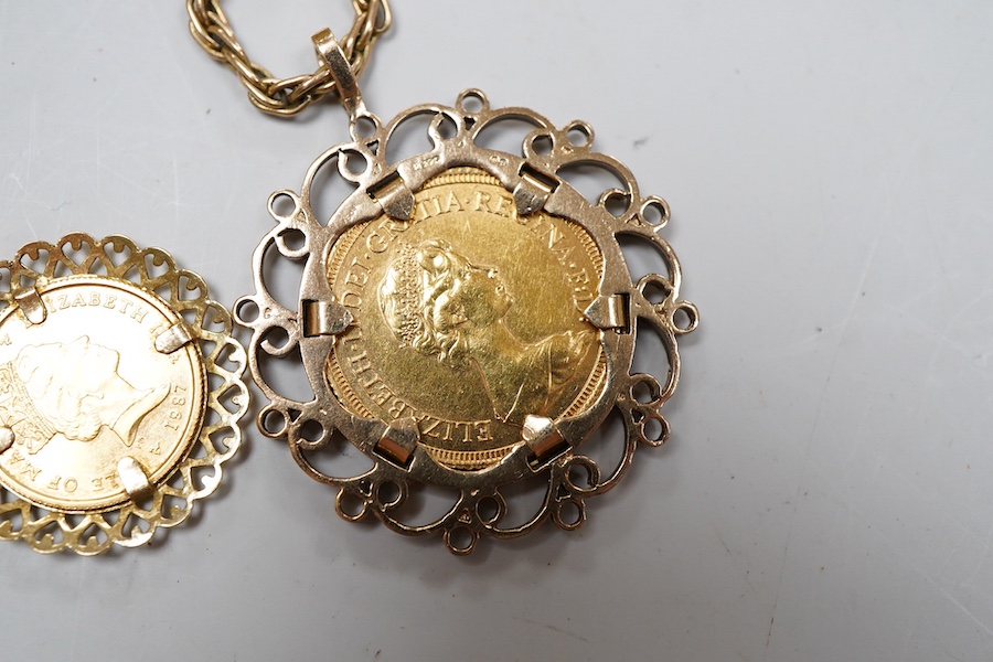 Two gold coin pendants, comprising: a pendant set with a sovereign coin dated 1978, mounted in 9ct gold gold, to a chain necklace, pendant length 4cm, British hallmarks, chain length 53cm, clasp stamped 9CT, gross weight